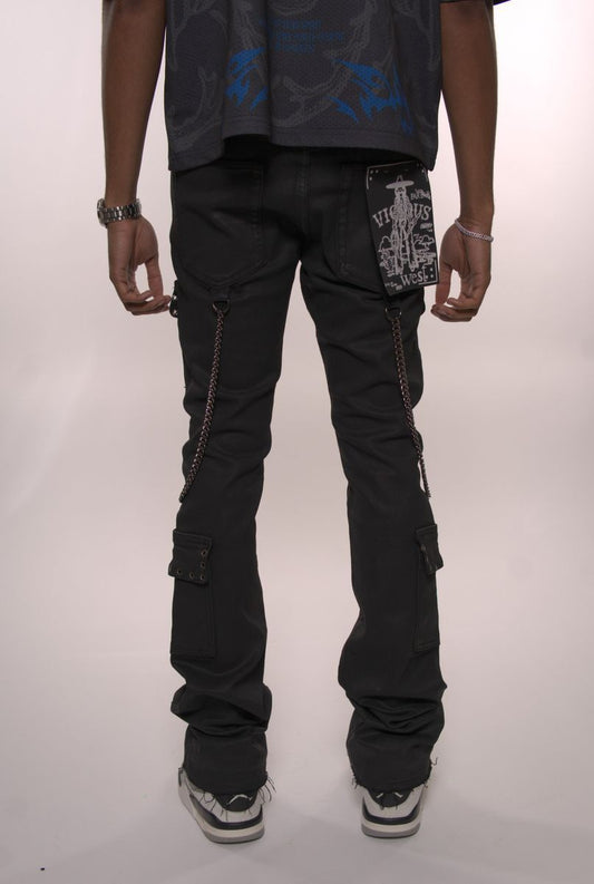 WAX COATED CARGO FLARE DENIM W/ SIDE CHAINS