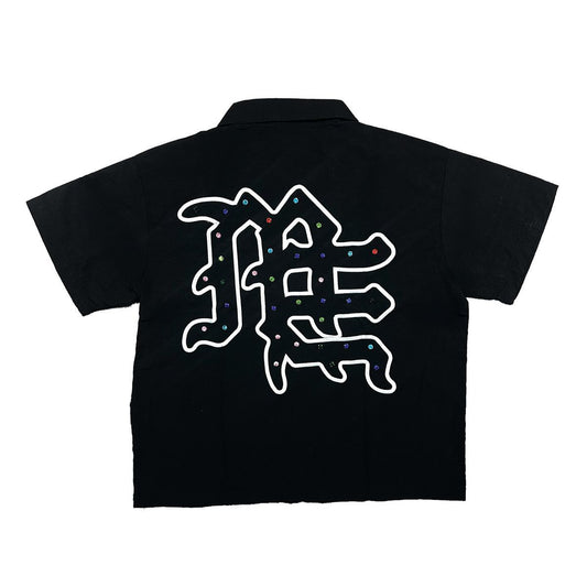 Mixed emotion “ME Rhinestone Nylon Zip Up Shirt tee