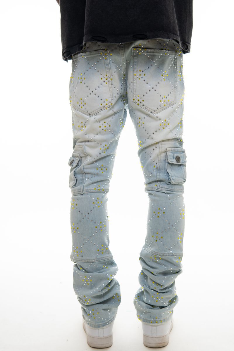 TWO TONE RHINESTONE MULTI CARGO FLARE DENIM
