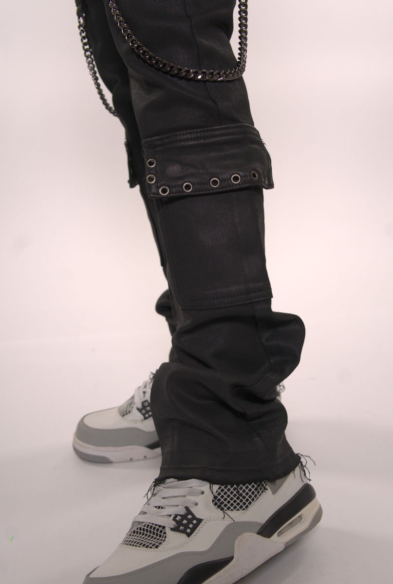 WAX COATED CARGO FLARE DENIM W/ SIDE CHAINS