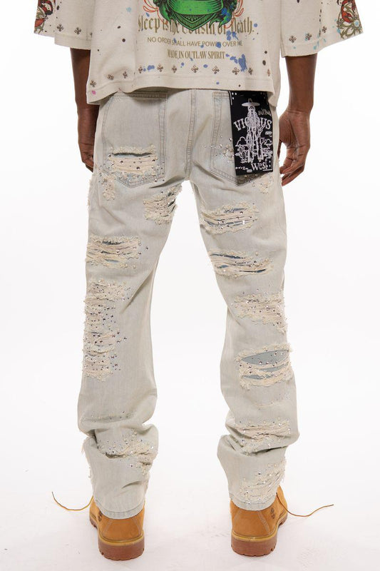 PREMIUM RELAXED FLARE DENIM WITH PEARL / RIHNESTONES