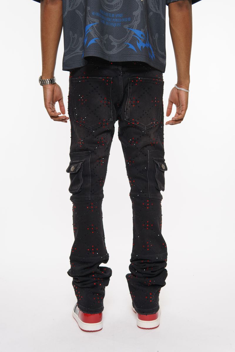 TWO TONE RHINESTONE CARGO FLARE DENIM
