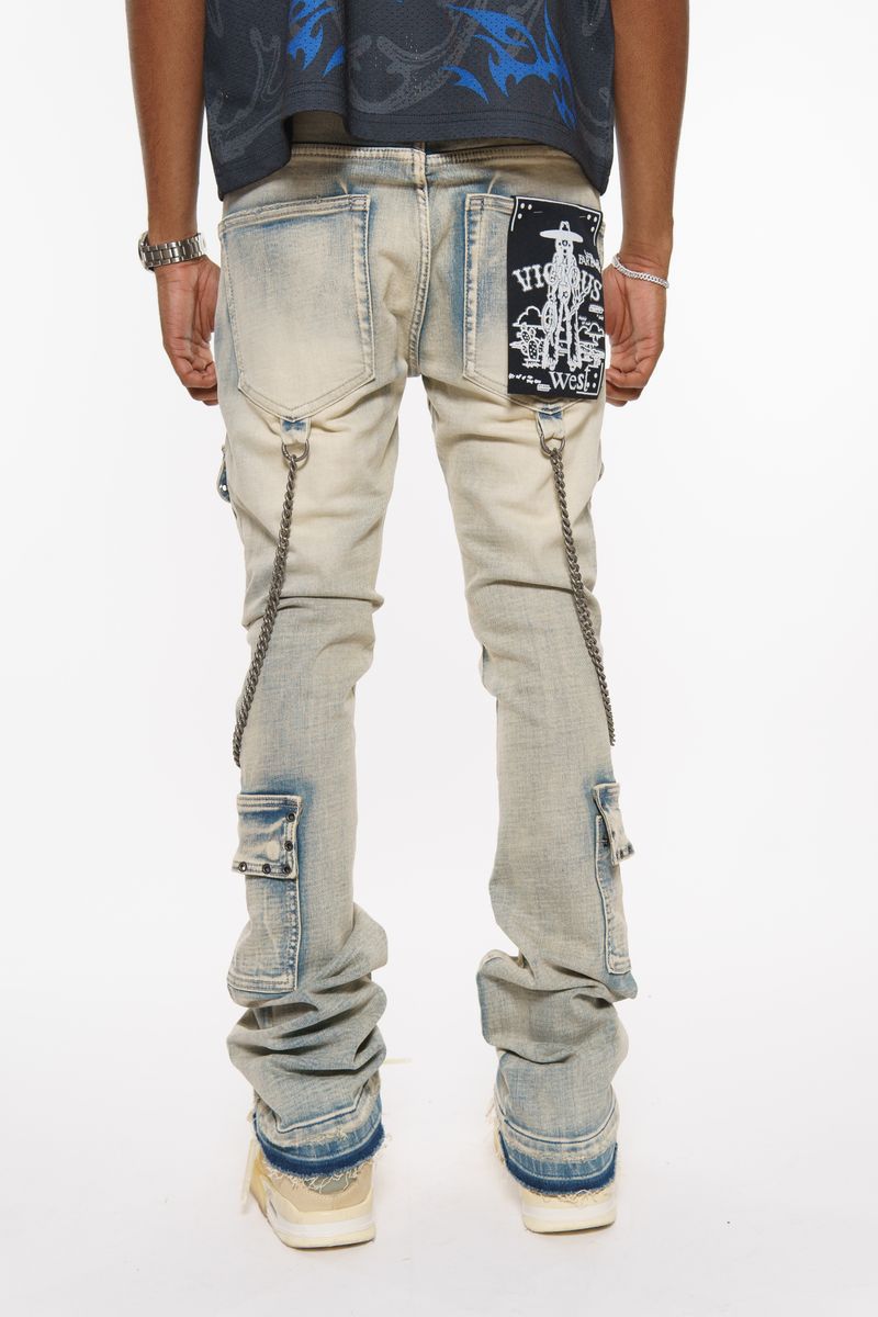 FLARE FIT DENIM W/ STONE DETAILS + CHAINS