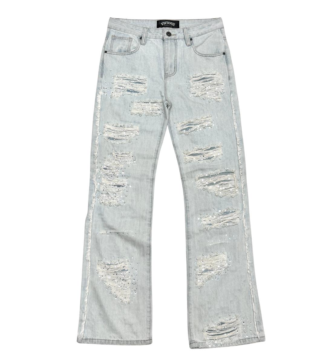 PREMIUM RELAXED FLARE DENIM WITH PEARL / RIHNESTONES