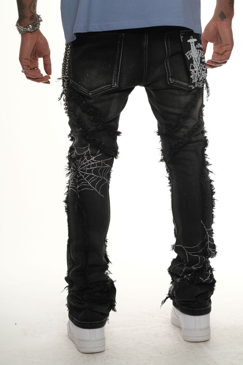 STACK DENIM W/ STUDDED SPIDER WEBS
