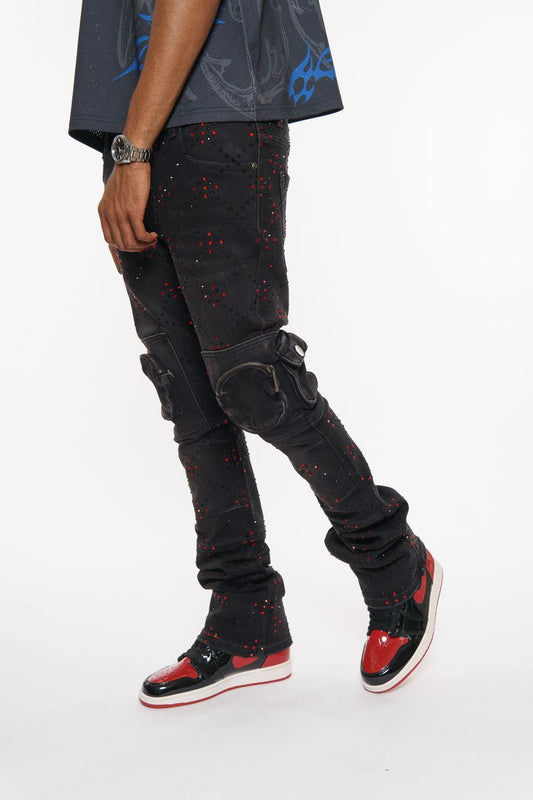 TWO TONE RHINESTONE CARGO FLARE DENIM