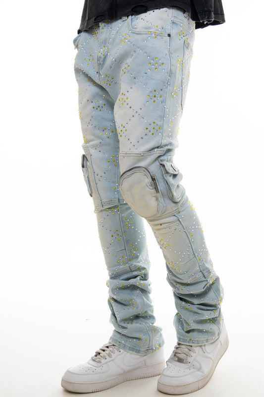 TWO TONE RHINESTONE MULTI CARGO FLARE DENIM