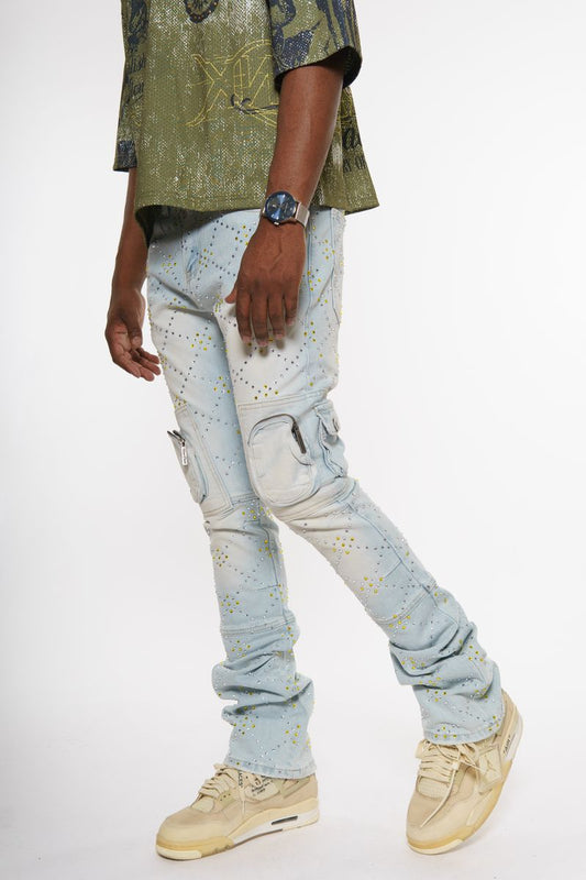 TWO TONE RHINESTONE MULTI CARGO FLARE DENIM