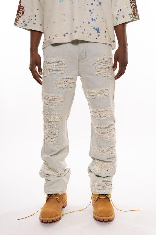PREMIUM RELAXED FLARE DENIM WITH PEARL / RIHNESTONES
