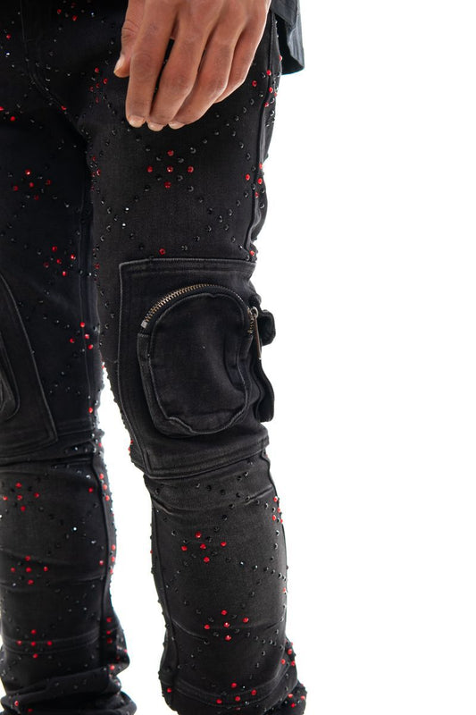 TWO TONE RHINESTONE CARGO FLARE DENIM