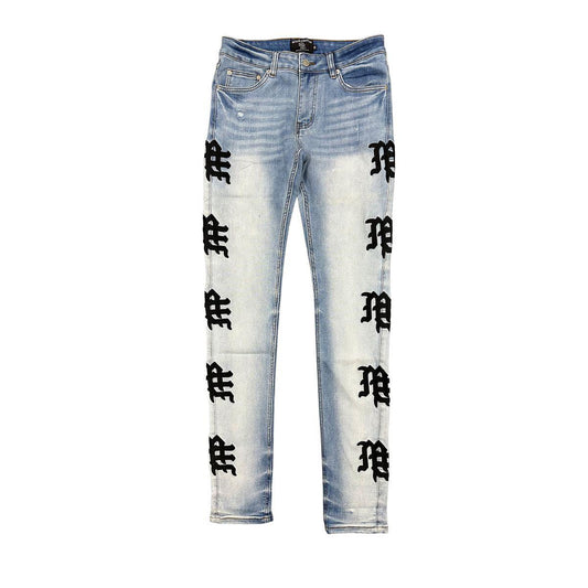 “Mixed Emotion “ Monogram Denim Jeans Light Blue Wash