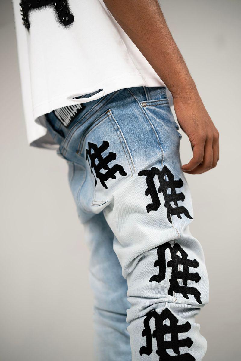 “Mixed Emotion “ Monogram Denim Jeans Light Blue Wash