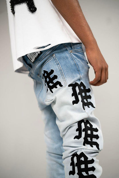 “Mixed Emotion “ Monogram Denim Jeans Light Blue Wash