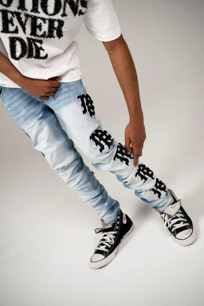 “Mixed Emotion “ Monogram Denim Jeans Light Blue Wash