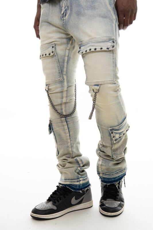 FLARE FIT DENIM W/ STONE DETAILS + CHAINS
