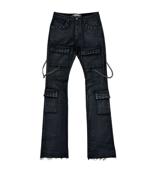 WAX COATED CARGO FLARE DENIM W/ SIDE CHAINS